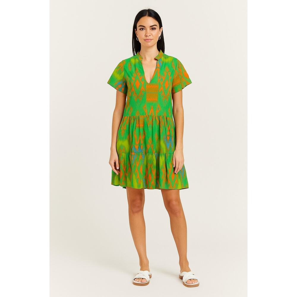 La Plage Alison Short Sleeve V-Neck Cotton Tiered Aztec Mini Dress Green Size S
